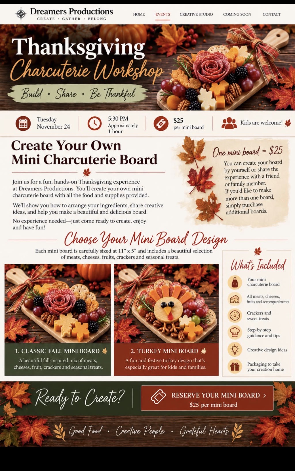 Classic Fall Mini Board with a salami rose, cheeses, grapes, berries, crackers, and a plaid bow.