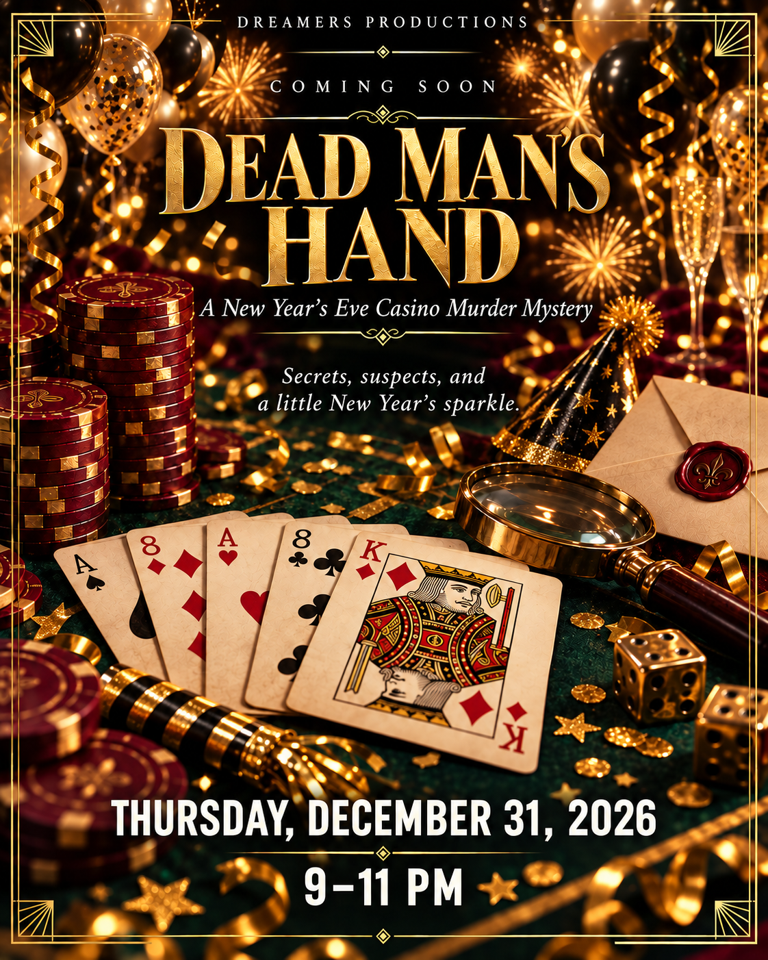 Dead Man’s Hand: A New Year’s Eve Casino Murder Mystery. Coming soon to Dreamers Productions, Thursday, December 31, 2026, 9–11 PM. Secrets, suspects, and a little New Year’s sparkle.